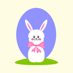 Color illustration, postcard. Easter white rabbit with bow.