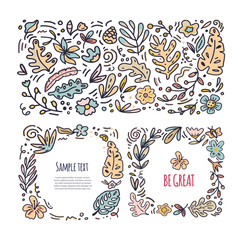 Vector doodle floral pattern and two square hand drawn frames for text. Color exotic leaves and flowers with copyspace. Isolated greeting card, poster design element.