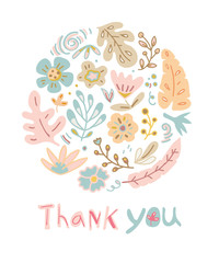 Vector floral doodle greeting card template with exotic tropical elements and hand drawn lettering says Thank you.