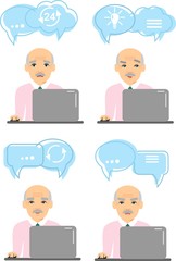 Set of old men with various emotion expression work at a computer. Age chat online on the Internet. Cute cartoon illustration of old european people using computer and internet.