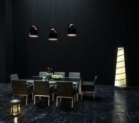 Esstisch mit 8 Stühlen im luxuriösen hohen dunklen Raum