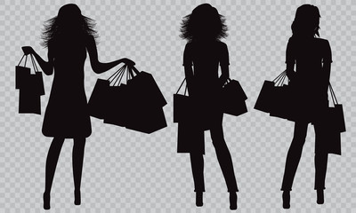 Fashionable young girl makes purchases. Black silhouette of a girl. Pokeprki, shopping trips.