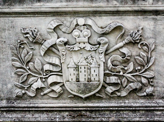 Coat of arms of the town of Bihac on a stone sarcophagus Bosnia and Herzegovina