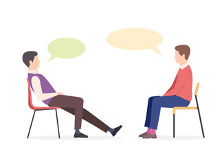 Two men discuss sit on chairs