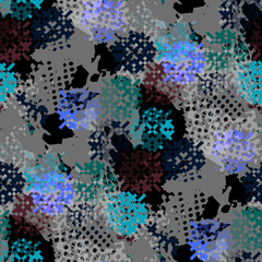 Seamless pattern tribal design. Ethnic print with pixel flowers and grunge splashes. Watercolor effect. Suitable for bed linen, leggings, shorts and fashion industry.