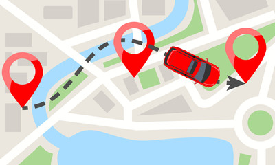Car with top view on city map and red pins. Car moving on dotted line trail. Flat Vector illustration.