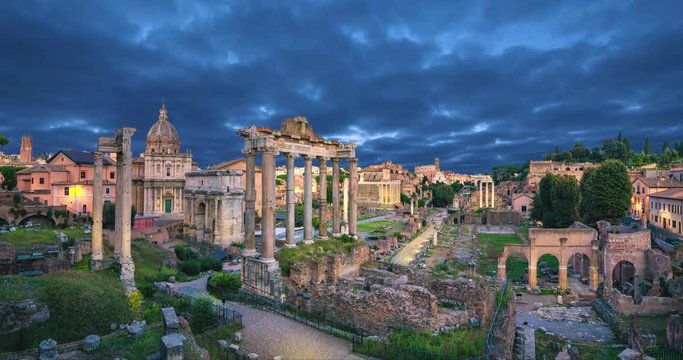 View of Roman Forum at dusk, Rome, Italy (static image with animated sky)