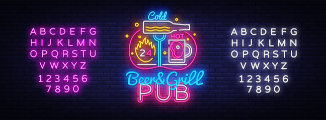 Beer Grill neon sign vector design template. Beer Night neon logo, light banner design element colorful modern design trend, night bright advertising, bright sign. Vector. Editing text neon sign