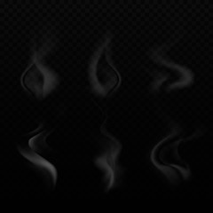 Set of realistic bright, smoke, wave, steam, vape on transparent backdrop. White decorative effects . Vector illustration. Isolated