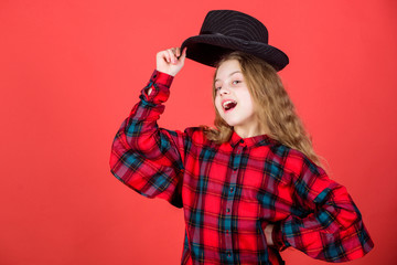 Acting school for children. Acting lessons guide children through wide variety of genres. Develop talent into career. Girl artistic kid practicing acting skills with black hat. Enter acting academy