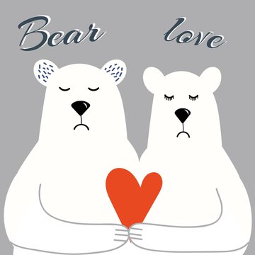 cute polar bears in sweaters, a gentle and cute vector illustration, a bearish couple, joyful hugs, a bear hugging a bear, for design of T-shirts, cards, greetings, postcards, in cartoon style.