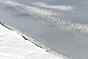 Snow and ice on a winter river. Winter texture and background