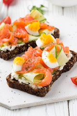 Salmon toast with cream cheese, cucumber and egg. Delicious lunch, healthy food, fish sandwich, diet snack
