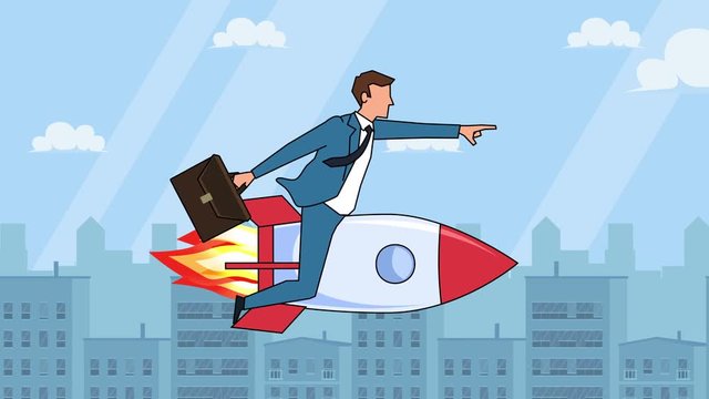Flat cartoon businessman character with case bag  fly on rocket startup concept animation