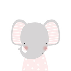 Cute little elephant in a pink dress with floral pattern. Kids graphic. Vector hand drawn illustration.