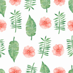 Fototapeta na wymiar Watercolor Hand draw tropical soft red flowers and green leaves pattern on white background.