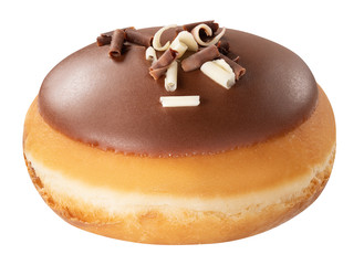 Tasty Berlin Donut dessert with chocolate glaze, isolated on white background. Sweet food concept with one chocolate doughnut cake for your design and print. Front View