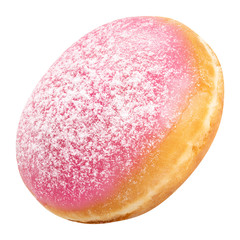 Fresh Berlin Donut dessert with frosted pink glaze and powdered sugar, isolated on white...