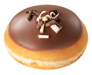 Tasty Berlin Donut dessert with chocolate glaze, isolated on white background. Sweet food concept with one chocolate doughnut cake for your design and print. Front View