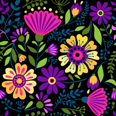 Vector texture with flowers and plants. Floral ornament. Original flowers seamless pattern. Colored vector design element for frame and border, textile, fabric or paper print. Vector background