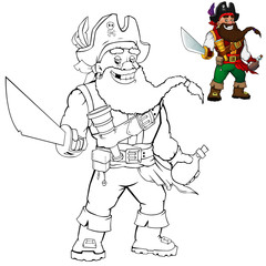 Coloring cartoon pirate with rum. Coloring book for kids.