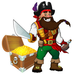 Cartoon pirate with rum and treasure on white isolated background
