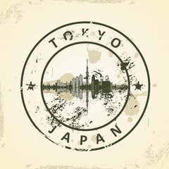 Grunge rubber stamp with Tokyo Skyline