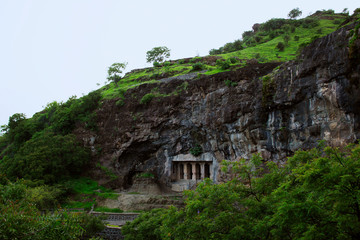 Fototapeta na wymiar Cave 6 Facade and Cave 5 Brahmanical Cave to left, Aurangabad caves, Eastern Group, Aurangabad, Maharashtra, India.