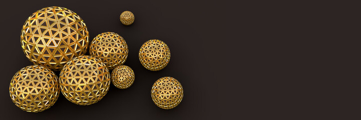 Segmented golden spheres on chocolate, top view