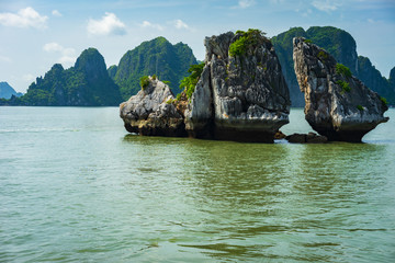 Scenic view of the Halong Bay (Descending Dragon Bay) at the Gulf of Tonkin of the South China Sea,...