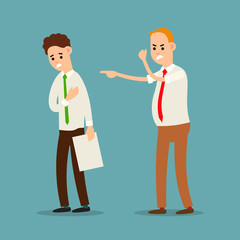 Boss and employee. Chief executive angry with office worker. Shouting at man. Punishment of employer to employee. Official rebuke to person with documentation. Illustration isolated in flat style