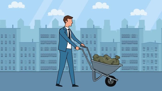 Flat cartoon businessman character with full of money working cart wheel barrow hand trolley animation