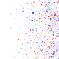 Flying red blue white star sparkles on white vector american patriotic background.