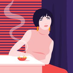 A woman who is addicted to smoking. Portrait against the window in a dark room. Vector flat illustration