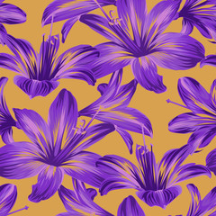 Seamless floral pattern with purple flowers - Hippeastrum or Amaryllis on yellow background.