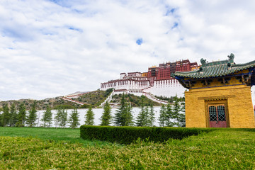 Front view of the Historic Ensemble of the Potala Palace in Lhasa, Tibet, China, which it is now a...