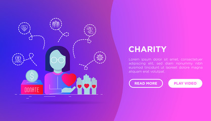 Charity web page template in flat style: woman in glasses with heart in hand, donation box and volunteers hands. Modern vector illustration on gradient background.