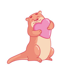 cute illustration of cartoon otter holding pink heart in hands. vector illustration in flat style