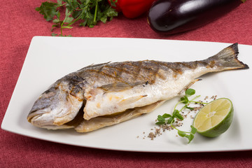 Grilled dorado fish served on a white plate