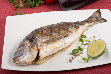 Grilled dorado fish served on a white plate