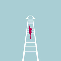 Businessman climbs up the stairs. The top of the stairs is the arrow symbol. The background is blue.