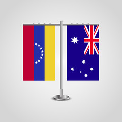 Table stand with flags of Venezuela and Australia. Two flag. Flag pole. Symbolizing the cooperation between the two countries. Table flags