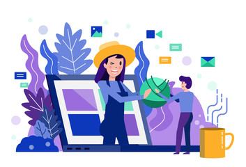 Smart farmer delivery fresh vegetables on laptop screen. Modern agriculture market concept. Flat design elements. Vector illustration