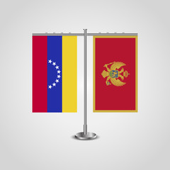 Table stand with flags of Venezuela and Montenegro. Two flag. Flag pole. Symbolizing the cooperation between the two countries. Table flags