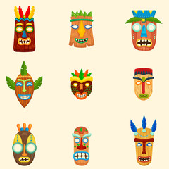 Set of unusual african masks in different shapes and colors isolated on white background