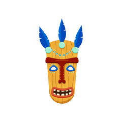 Brightly coloured african mask with screaming wide opened mouth on white