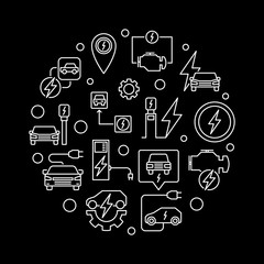 Electric vehicle circular vector minimal illustration in thin line style on dark background