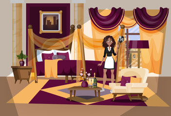 Hotel room interior. Maid in uniform cleaning