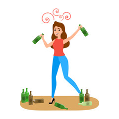 Drunk woman with alcohol addiction with bottle of beer