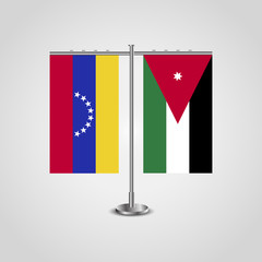 Table stand with flags of Venezuela and Jordan. Two flag. Flag pole. Symbolizing the cooperation between the two countries. Table flags